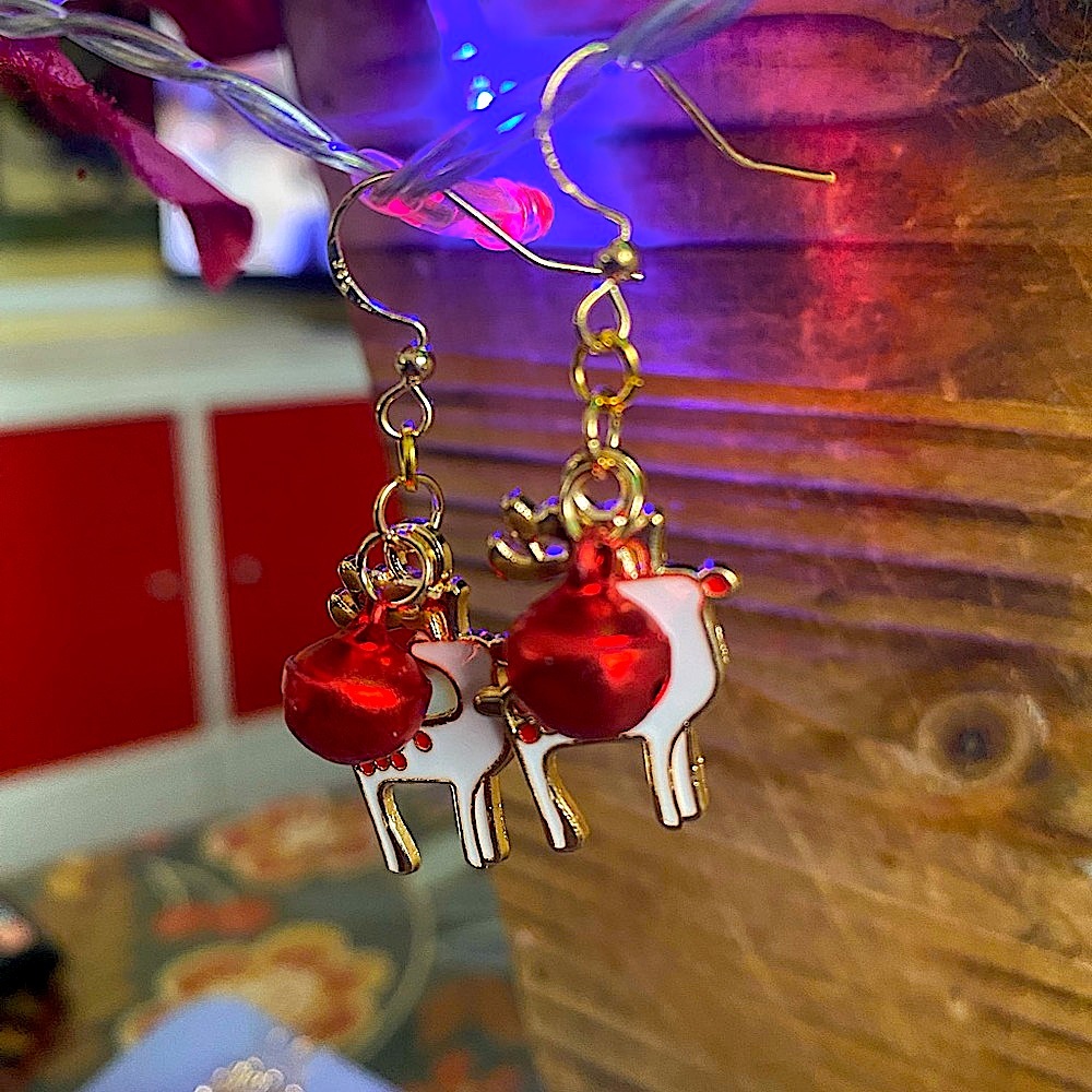 Festive Reindeer Jungle bell Earrings - Red or green and Gold